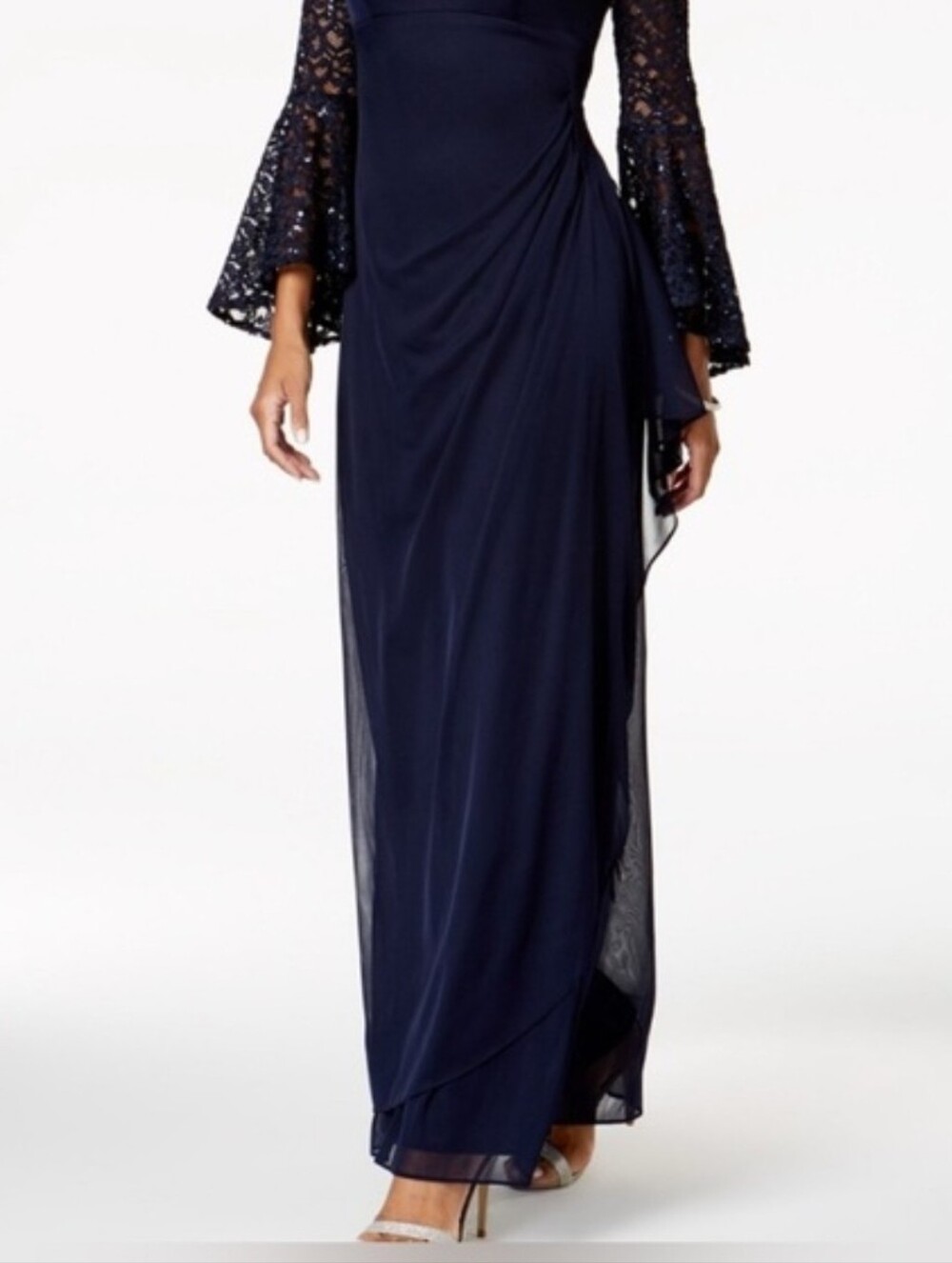 NWOT Xscape Navy Scoop Neck, Lace Bell Sleeve, Dress/Gown Size 16 - Picture 4 of 9